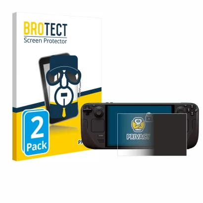 Parte frontal de un envase de producto con el logotipo de la marca BROTECT. Al lado se muestra el dispositivo Valve Steam Deck