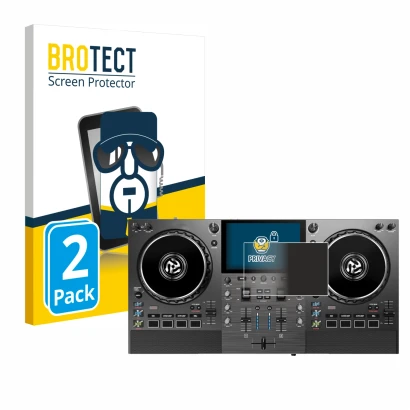 Parte frontal de un envase de producto con el logotipo de la marca BROTECT. Al lado se muestra el dispositivo Numark Mixstream