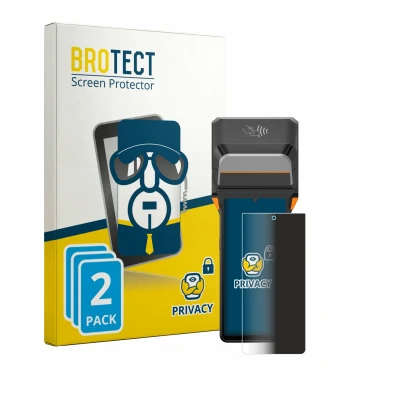 Parte frontal de un envase de producto con el logotipo de la marca BROTECT. Al lado se muestra el dispositivo Sunmi V3 Plus co