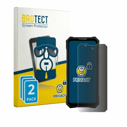 Parte frontal de un envase de producto con el logotipo de la marca BROTECT. Al lado se muestra el dispositivo Doogee V50 con s