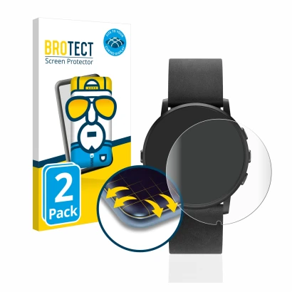 Parte frontal de un envase de producto con el logotipo de la marca BROTECT. Al lado se muestra el dispositivo Pebble Time Roun
