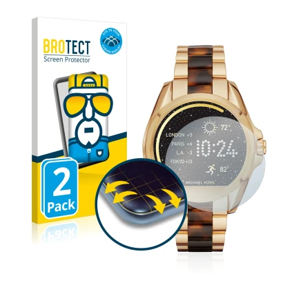 Parte frontal de un envase de producto con el logotipo de la marca BROTECT. Al lado se muestra el dispositivo Michael Kors Acc