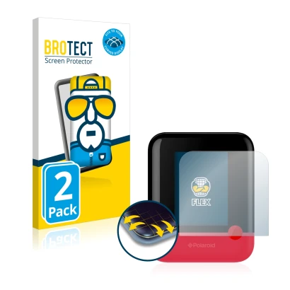 Parte frontal de un envase de producto con el logotipo de la marca BROTECT. Al lado se muestra el dispositivo Polaroid Pop con