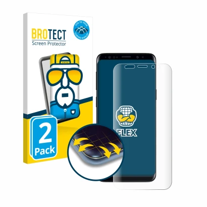 Parte frontal de un envase de producto con el logotipo de la marca BROTECT. Al lado se muestra el dispositivo Samsung Galaxy S