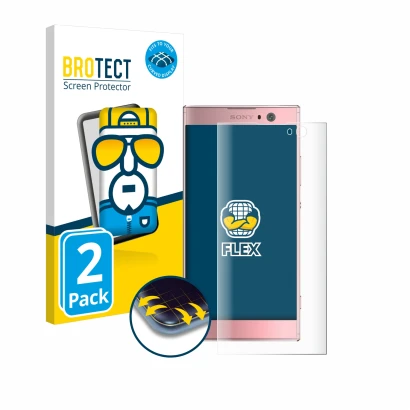 Parte frontal de un envase de producto con el logotipo de la marca BROTECT. Al lado se muestra el dispositivo Sony Xperia XA2 