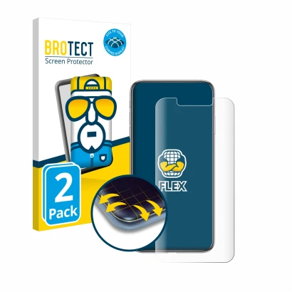 Parte frontal de un envase de producto con el logotipo de la marca BROTECT. Al lado se muestra el dispositivo Apple iPhone Xs 