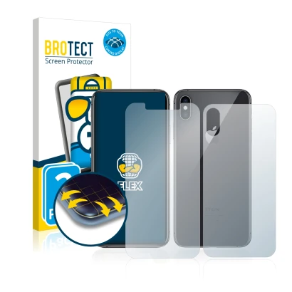 Parte frontal de un envase de producto con el logotipo de la marca BROTECT. Al lado se muestra el dispositivo Apple iPhone Xs