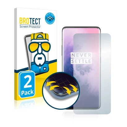 Parte frontal de un envase de producto con el logotipo de la marca BROTECT. Al lado se muestra el dispositivo OnePlus 7 Pro co
