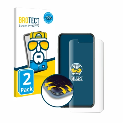 Parte frontal de un envase de producto con el logotipo de la marca BROTECT. Al lado se muestra el dispositivo Apple iPhone 11 