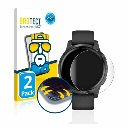 Parte frontal de un envase de producto con el logotipo de la marca BROTECT. Al lado se muestra el dispositivo Garmin vivoactiv