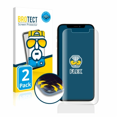 Parte frontal de un envase de producto con el logotipo de la marca BROTECT. Al lado se muestra el dispositivo Apple iPhone 12