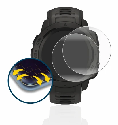 Imagen del dispositivo Garmin Instinct Solar con una amplia variedad de protectores de pantalla.