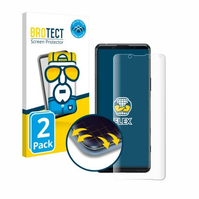 Parte frontal de un envase de producto con el logotipo de la marca BROTECT. Al lado se muestra el dispositivo Sony Xperia 5 II