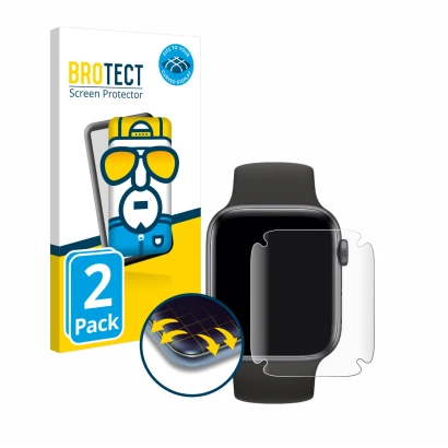 Parte frontal de un envase de producto con el logotipo de la marca BROTECT. Al lado se muestra el dispositivo Apple Watch SE (