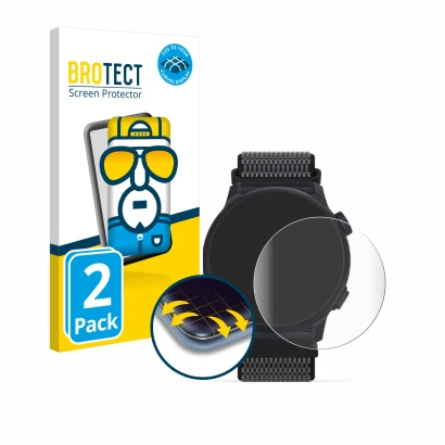 Parte frontal de un envase de producto con el logotipo de la marca BROTECT. Al lado se muestra el dispositivo Coros Pace 2 con