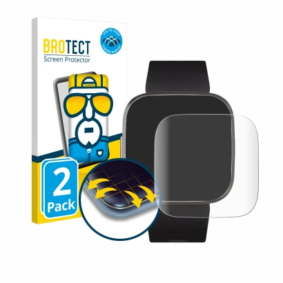Parte frontal de un envase de producto con el logotipo de la marca BROTECT. Al lado se muestra el dispositivo Fitbit Versa 2 S