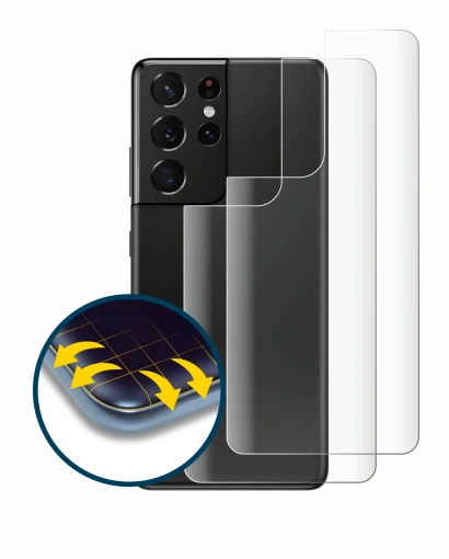 Imagen del dispositivo Samsung Galaxy S21 Ultra 5G (Trasero) con una amplia variedad de protectores de pantalla.