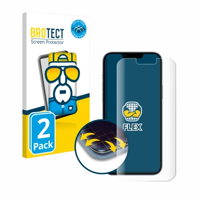 Parte frontal de un envase de producto con el logotipo de la marca BROTECT. Al lado se muestra el dispositivo Apple iPhone 13 