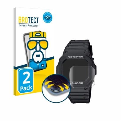 Parte frontal de un envase de producto con el logotipo de la marca BROTECT. Al lado se muestra el dispositivo Casio G-Shock GW