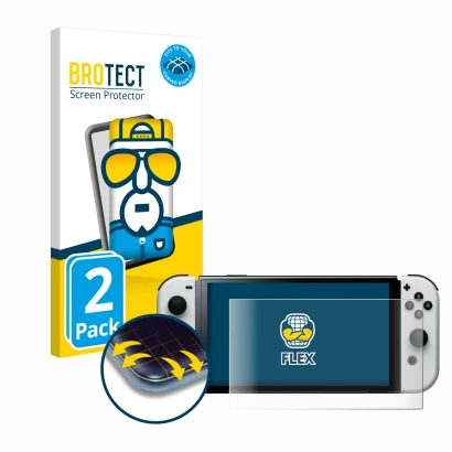 Parte frontal de un envase de producto con el logotipo de la marca BROTECT. Al lado se muestra el dispositivo Nintendo Switch