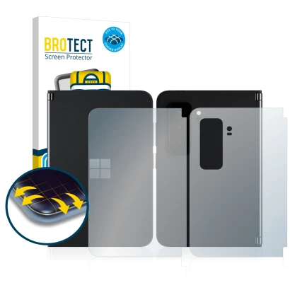 Parte frontal de un envase de producto con el logotipo de la marca BROTECT. Al lado se muestra el dispositivo Microsoft Surfac