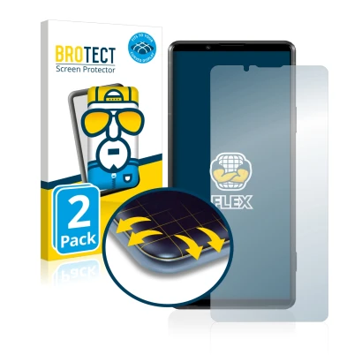 Parte frontal de un envase de producto con el logotipo de la marca BROTECT. Al lado se muestra el dispositivo Sony Xperia Pro-