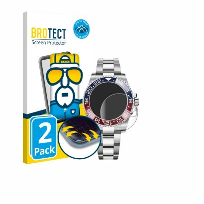 Parte frontal de un envase de producto con el logotipo de la marca BROTECT. Al lado se muestra el dispositivo Rolex GMT-Master