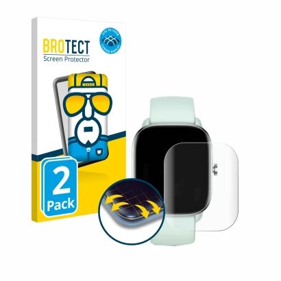 Parte frontal de un envase de producto con el logotipo de la marca BROTECT. Al lado se muestra el dispositivo Huami Amazfit GT