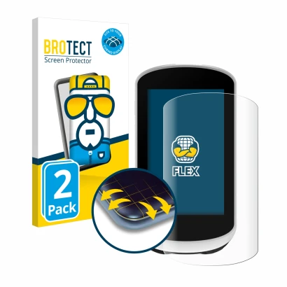 Parte frontal de un envase de producto con el logotipo de la marca BROTECT. Al lado se muestra el dispositivo Garmin Edge Expl