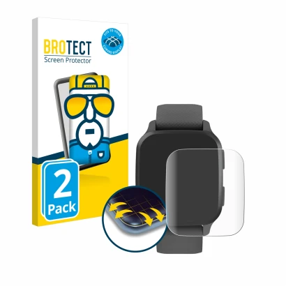 Parte frontal de un envase de producto con el logotipo de la marca BROTECT. Al lado se muestra el dispositivo Garmin Venu Sq 2