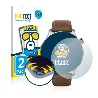 Parte frontal de un envase de producto con el logotipo de la marca BROTECT. Al lado se muestra el dispositivo Huami Amazfit GT