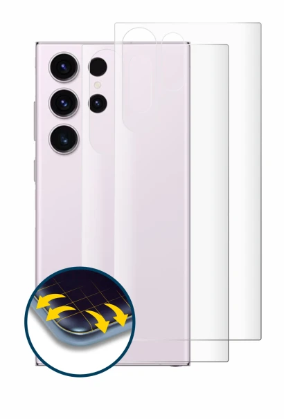 Imagen del dispositivo Samsung Galaxy S23 Ultra (Trasero) con una amplia variedad de protectores de pantalla.