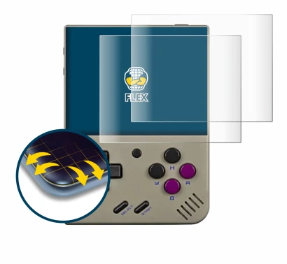 Imagen del dispositivo Miyoo Mini Plus con una amplia variedad de protectores de pantalla.