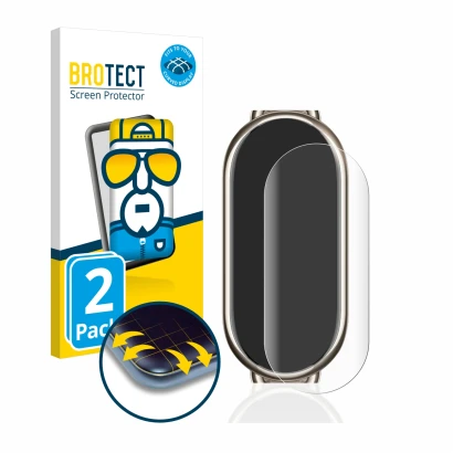 Parte frontal de un envase de producto con el logotipo de la marca BROTECT. Al lado se muestra el dispositivo Xiaomi Mi Band 8
