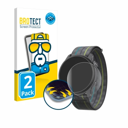 Parte frontal de un envase de producto con el logotipo de la marca BROTECT. Al lado se muestra el dispositivo Coros Pace 3 con