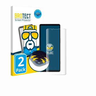 Parte frontal de un envase de producto con el logotipo de la marca BROTECT. Al lado se muestra el dispositivo Sony Xperia 5 V 