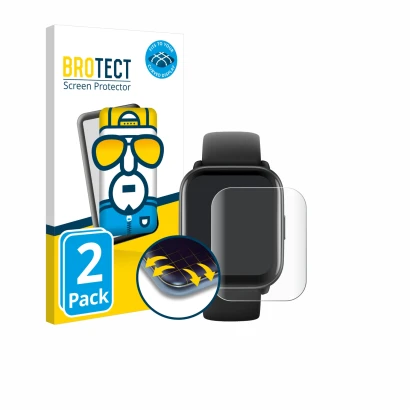 Parte frontal de un envase de producto con el logotipo de la marca BROTECT. Al lado se muestra el dispositivo Amazfit Active c