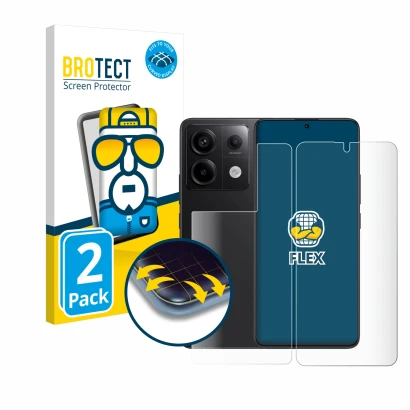 Parte frontal de un envase de producto con el logotipo de la marca BROTECT. Al lado se muestra el dispositivo Xiaomi Redmi Not