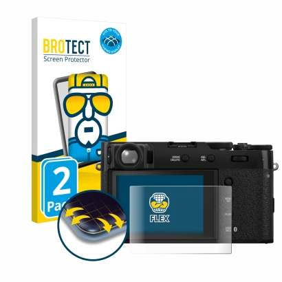 Parte frontal de un envase de producto con el logotipo de la marca BROTECT. Al lado se muestra el dispositivo Fujifilm X100VI 