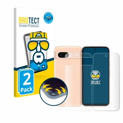 Parte frontal de un envase de producto con el logotipo de la marca BROTECT. Al lado se muestra el dispositivo Google Pixel 8a