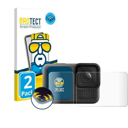 Parte frontal de un envase de producto con el logotipo de la marca BROTECT. Al lado se muestra el dispositivo GoPro Hero 13 Bl