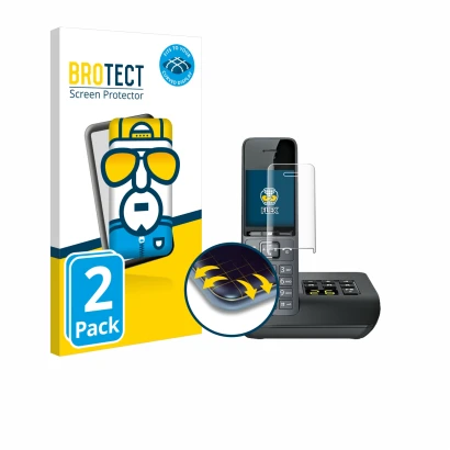 Parte frontal de un envase de producto con el logotipo de la marca BROTECT. Al lado se muestra el dispositivo Gigaset COMFORT 