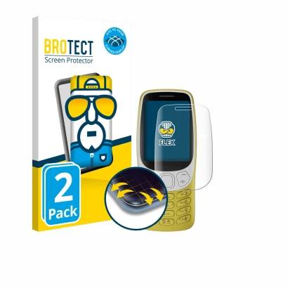 Parte frontal de un envase de producto con el logotipo de la marca BROTECT. Al lado se muestra el dispositivo Nokia 3210 con s