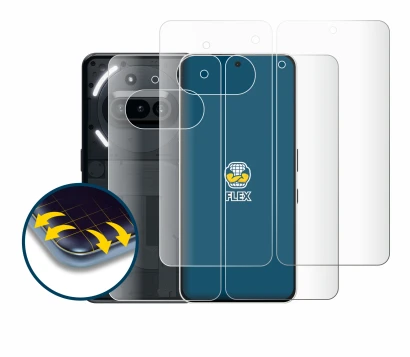 Imagen del dispositivo Nothing Phone (3a) (Frontal+Trasero) con una amplia variedad de protectores de pantalla.