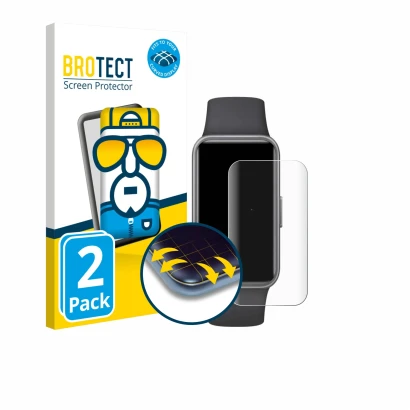 Parte frontal de un envase de producto con el logotipo de la marca BROTECT. Al lado se muestra el dispositivo Huawei Band 10 c