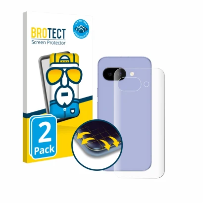 Parte frontal de un envase de producto con el logotipo de la marca BROTECT. Al lado se muestra el dispositivo Google Pixel 9a