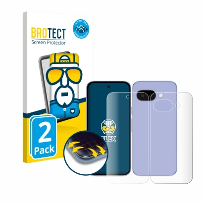 Parte frontal de un envase de producto con el logotipo de la marca BROTECT. Al lado se muestra el dispositivo Google Pixel 9a