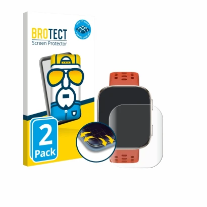 Parte frontal de un envase de producto con el logotipo de la marca BROTECT. Al lado se muestra el dispositivo Huami Amazfit Bi