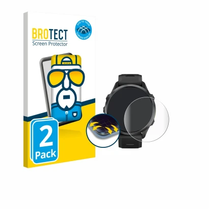 Parte frontal de un envase de producto con el logotipo de la marca BROTECT. Al lado se muestra el dispositivo Garmin Forerunne