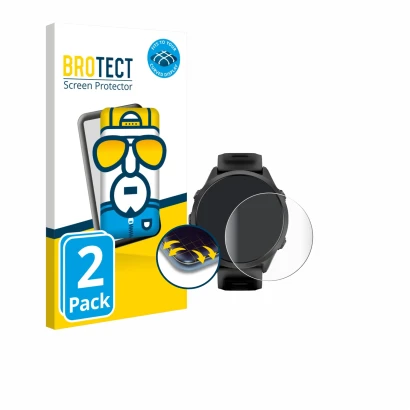 Parte frontal de un envase de producto con el logotipo de la marca BROTECT. Al lado se muestra el dispositivo Garmin Forerunne